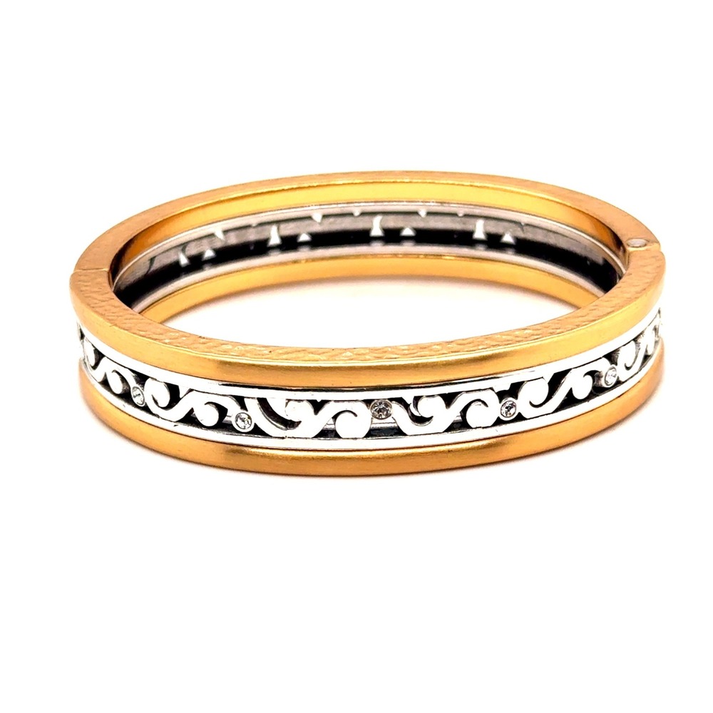 Brighton Two Tone Scroll Crystal Hinged Bangle Bracelet Gold Silver Mixed Metal